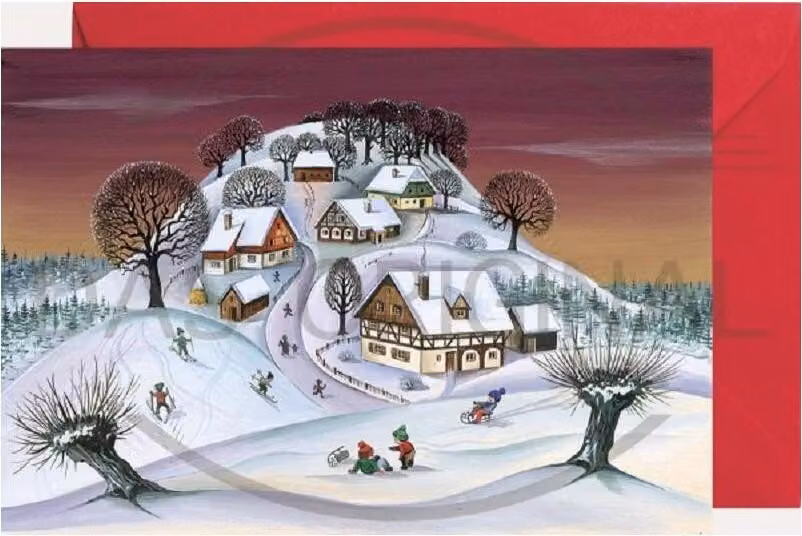 Mini calendario dell'Avvento "Divertimento invernale" in formato biglietto di auguri con busta