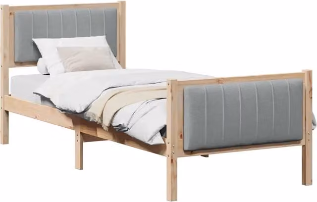 Letto singolo moderno in legno di pino per adulti, colore marrone e grigio chiaro, L: 75 cm, P: 190 cm, H: 85,5 cm