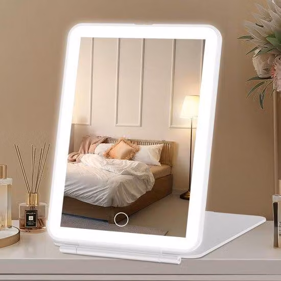 Specchio da trucco da viaggio elettrico con 72 LED, portatile, flessibile, illuminazione a tre colori.