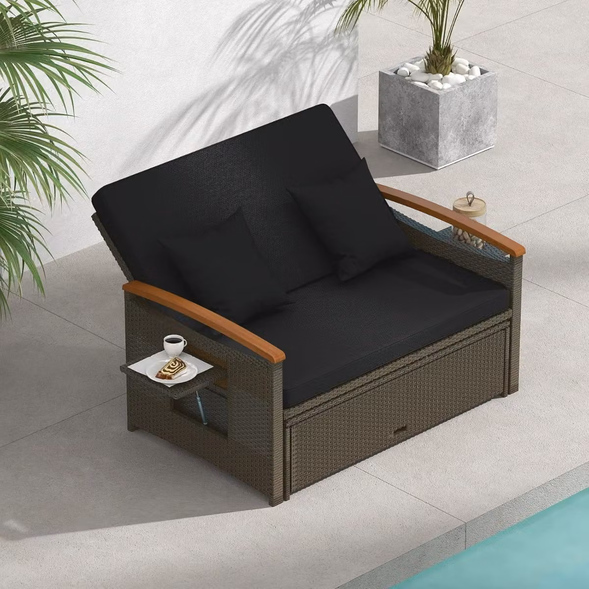 Set divano da giardino Costway in rattan nero con cuscini e panca contenitore con funzione divano letto