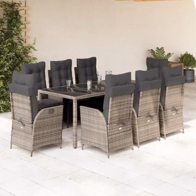 Set da Pranzo da Giardino vidaXL in Polyrattan Grigio con Cuscini e Tavolo in Vetro, 9 Pezzi