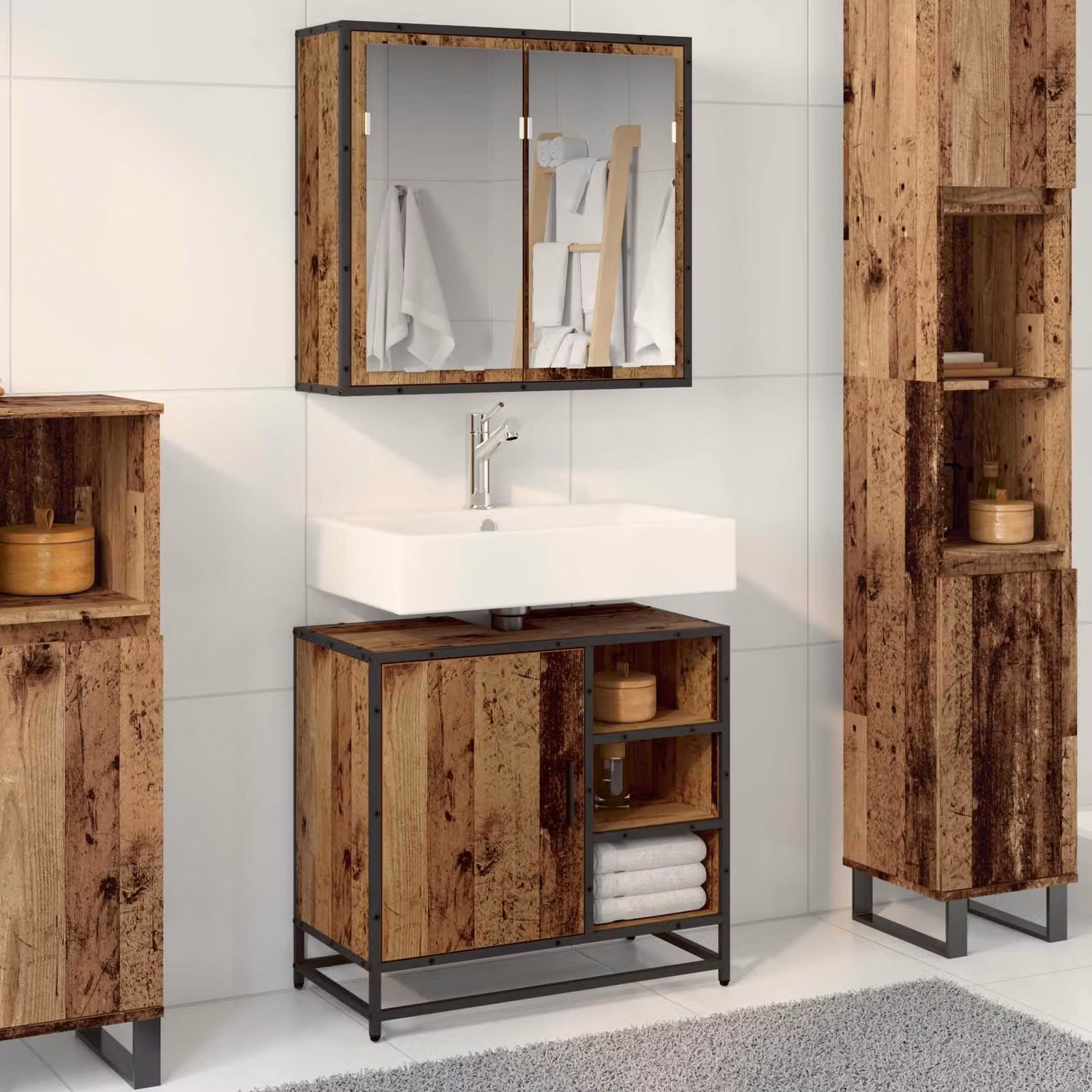 Set di mobili per il bagno vidaXL composto da mobile sottolavabo e armadietto con specchio in legno e metallo marrone, L 65 cm x P 33 cm x H 60 cm – 1