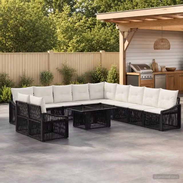 Set Divano da Giardino a Forma di U vidaXL in Polyrattan Nero e Bianco con Tavolino e Cuscini