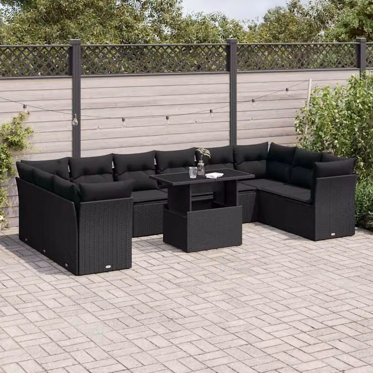 vidaXL Set Divani da Giardino 11 pz in Polyrattan Nero con Cuscini e Tavolino