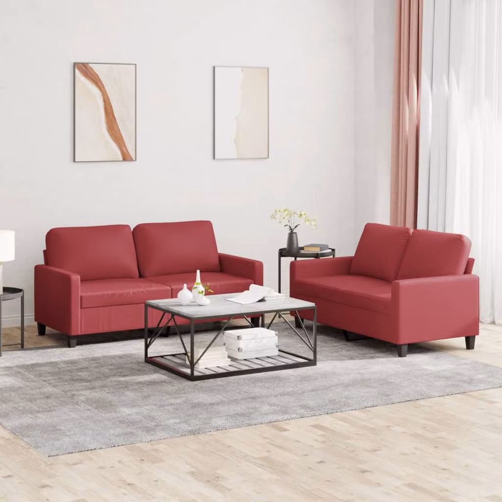Set di 2 Divani Moderni vidaXL in Similpelle Rosso con Cuscini – 1