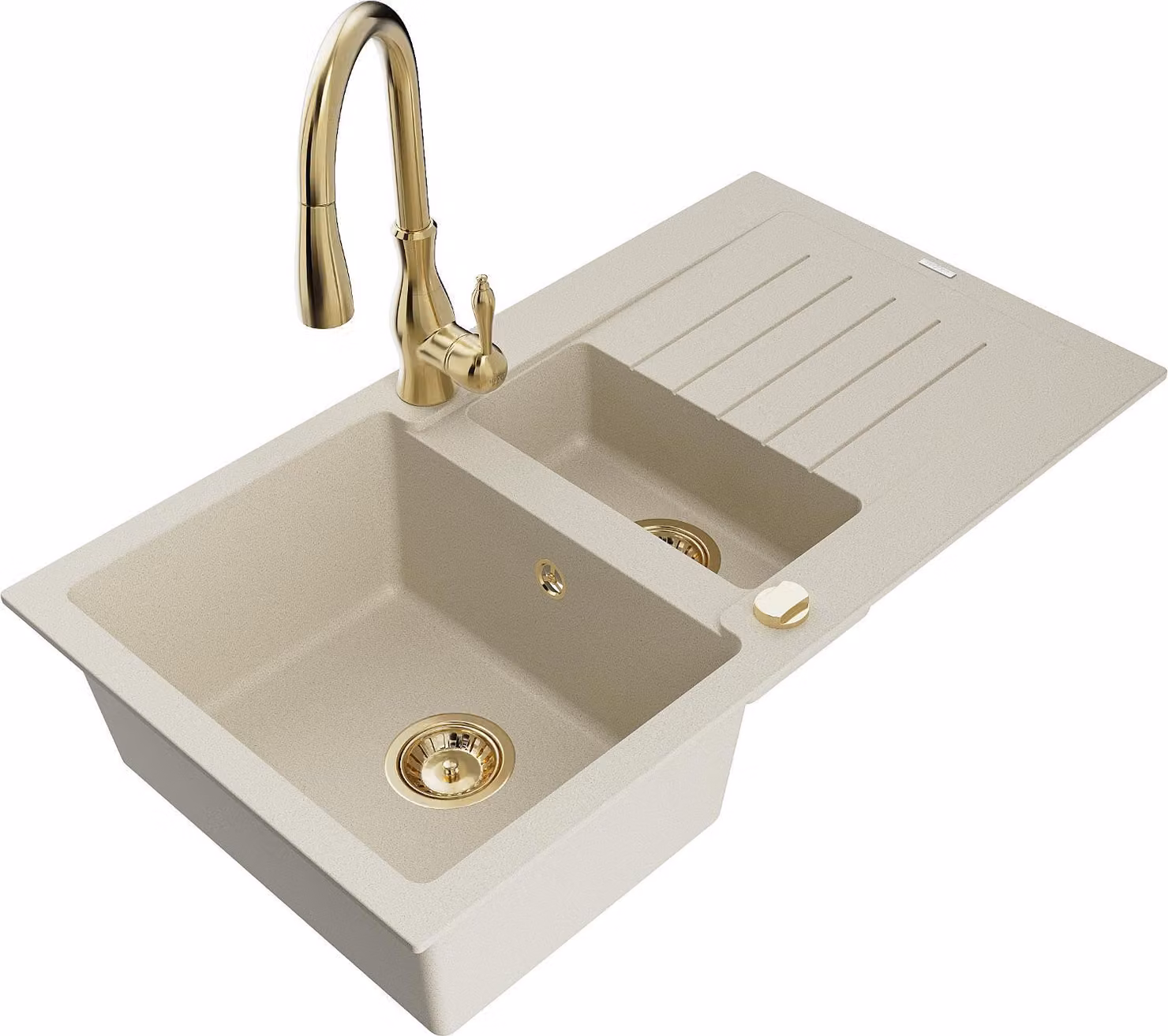 Mexen Matias lavello in granito a 1,5 vasche con gocciolatoio e rubinetto da cucina Savita, beige - 6502-69-672601-50