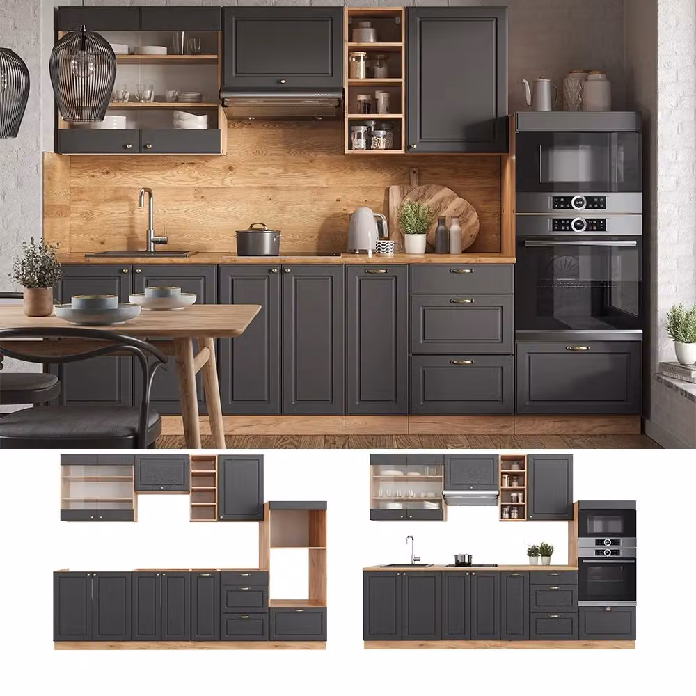 Cucina componibile Fame-Line Vicco in stile rustico, colore Antracite e Rovere dorato, L: 280 cm – 2