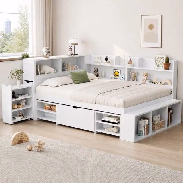 Letto Mivray con cassetti, libreria e armadio contenitore in legno bianco opaco con rete a doghe inclusa L/P/H: 140 x 200 cm