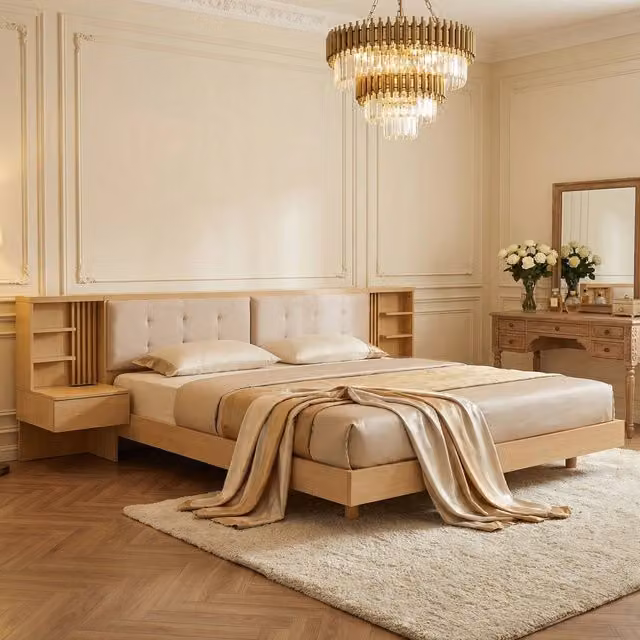 Letto contenitore sospeso 180 × 200 cm con testiera con ripiani e cassetti, prese USB e luce, senza materasso, rovere naturale