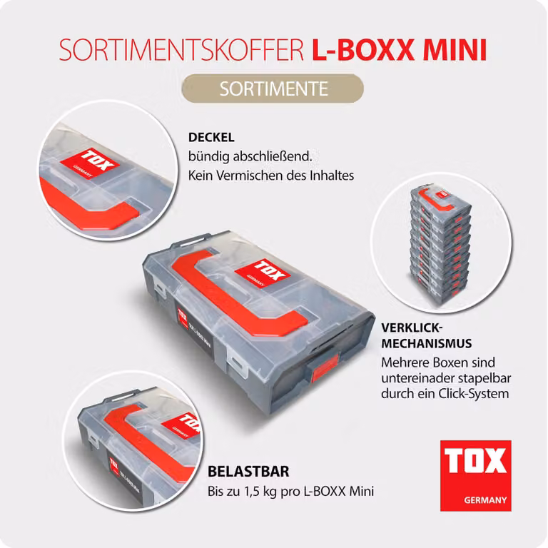 Contenitore assortimento mini, composto da 3 pezzi impilabili, con 6 scomparti, ideale per viti e piccoli componenti
