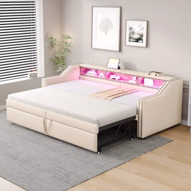Divano letto estraibile 90x200 beige in lino; letto matrimoniale 180x200 con LED e presa USB