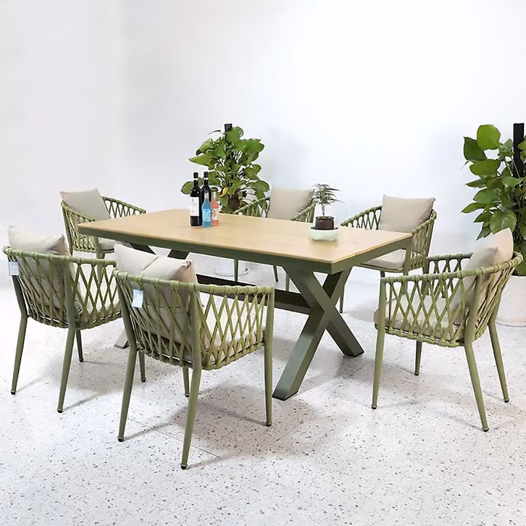 Gruppo di seduta da giardino, con tavolo e 6 sedie, gruppo da pranzo per esterni, resistente alle intemperie, cuscini di seduta, per uso esterno verde