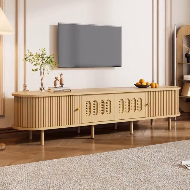 Mobile TV Mivray beige con pannelli stile rattan, 2 ante e 2 porte avvolgibili in MDF, L/P/H: 180 x 40 x 40 cm