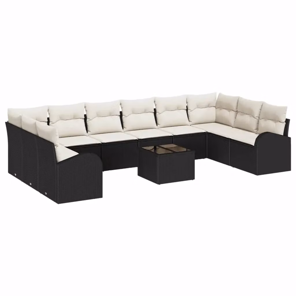 Set di divani da giardino vidaXL a forma di U composto da 11 pezzi con colore nero e beige, con struttura in metallo e sedute in rattan e cuscini inclusi – 2