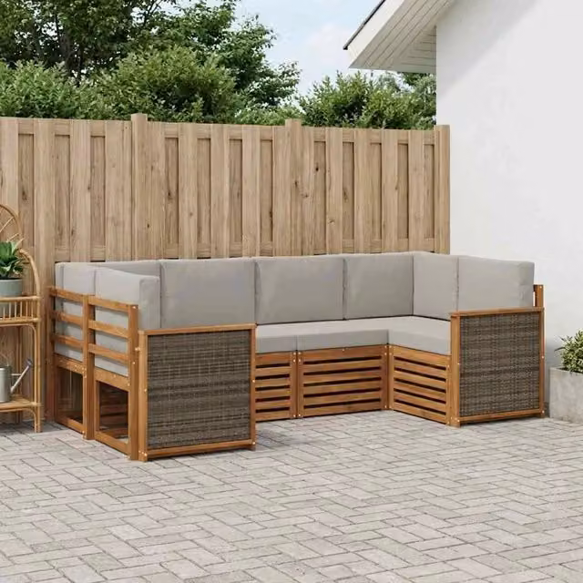 Set di divani da esterno a L vidaXL in legno di acacia con cuscini, beige e grigio