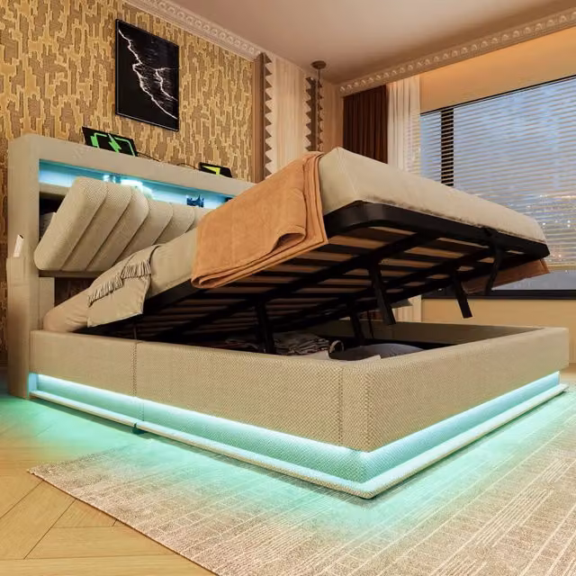 Letto matrimoniale imbottito ULEVR 140x200 cm con contenitore idraulico, LED, 3 USB e Type-C, lino beige