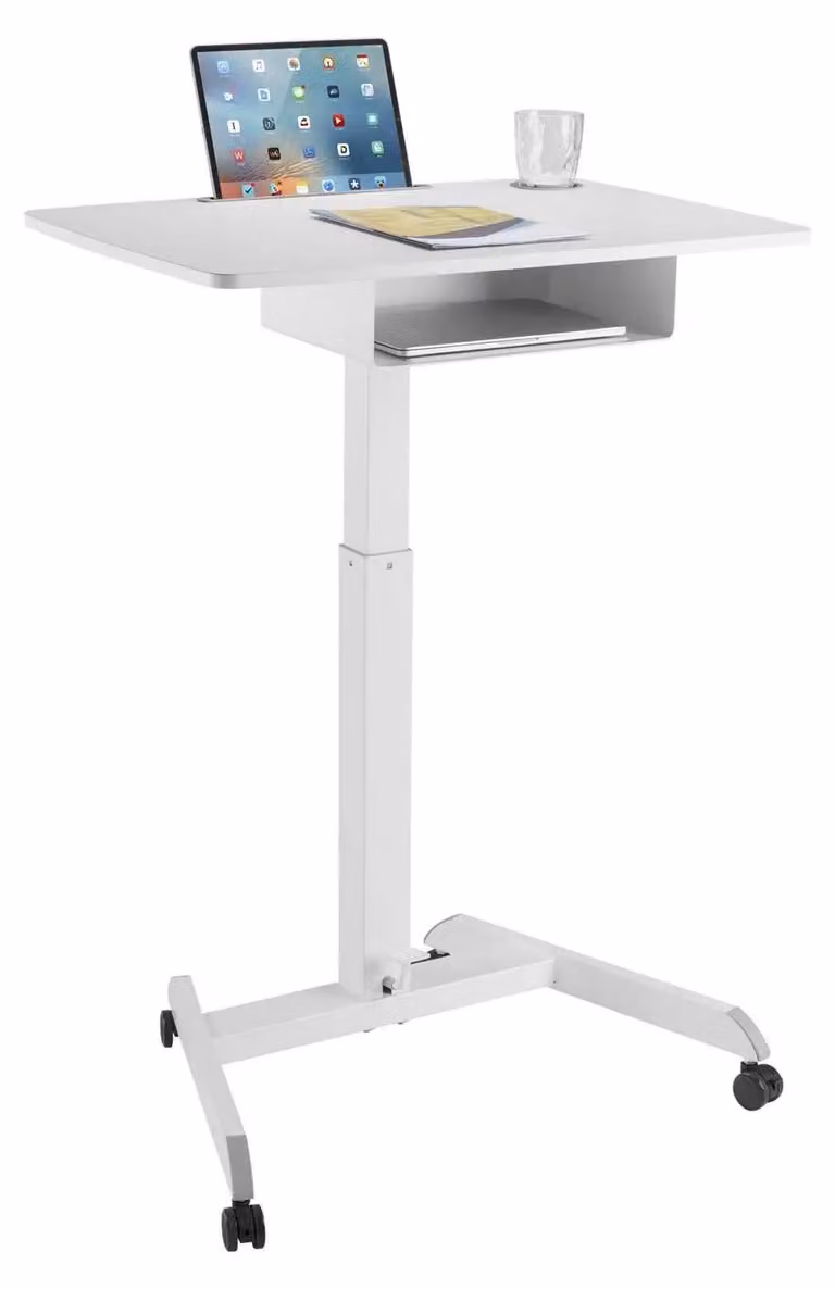 Tavolo per laptop - Scrivania regolabile in altezza per laptop - Altezza massima: 113 cm - Capacità di carico: 8 kg - Piano porta tastiera - Cassetto - Ruote - Bianco