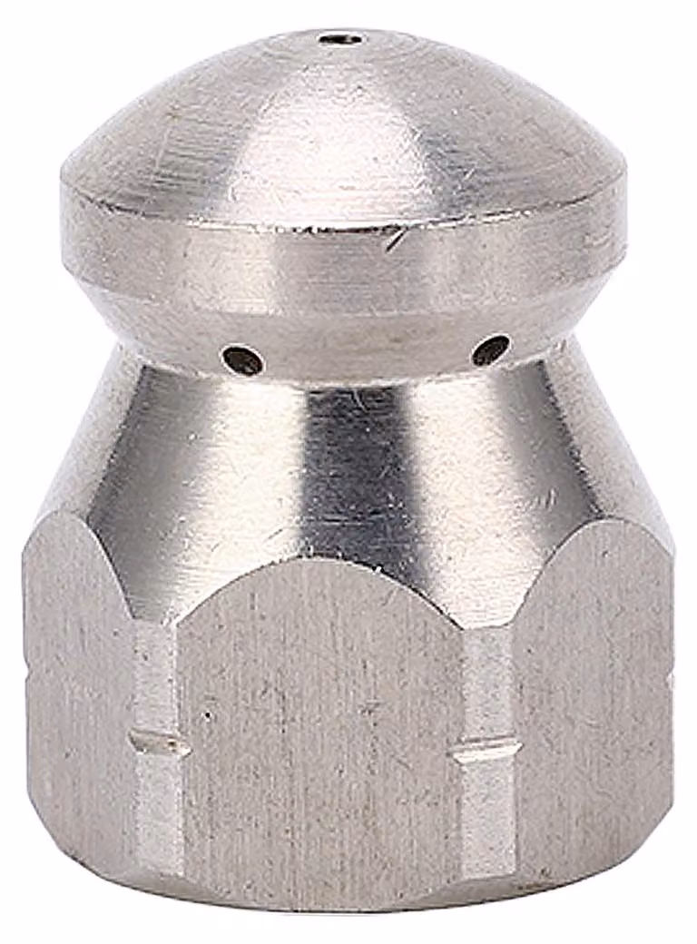Ugello per idropulitrice ad alta pressione da 5000 PSI, per la pulizia di tubazioni, realizzato in acciaio inossidabile, a forma di testa rotonda, con 1 foro frontale, 1 foro posteriore e 6 fori totali, attacco G3/8 di pollice