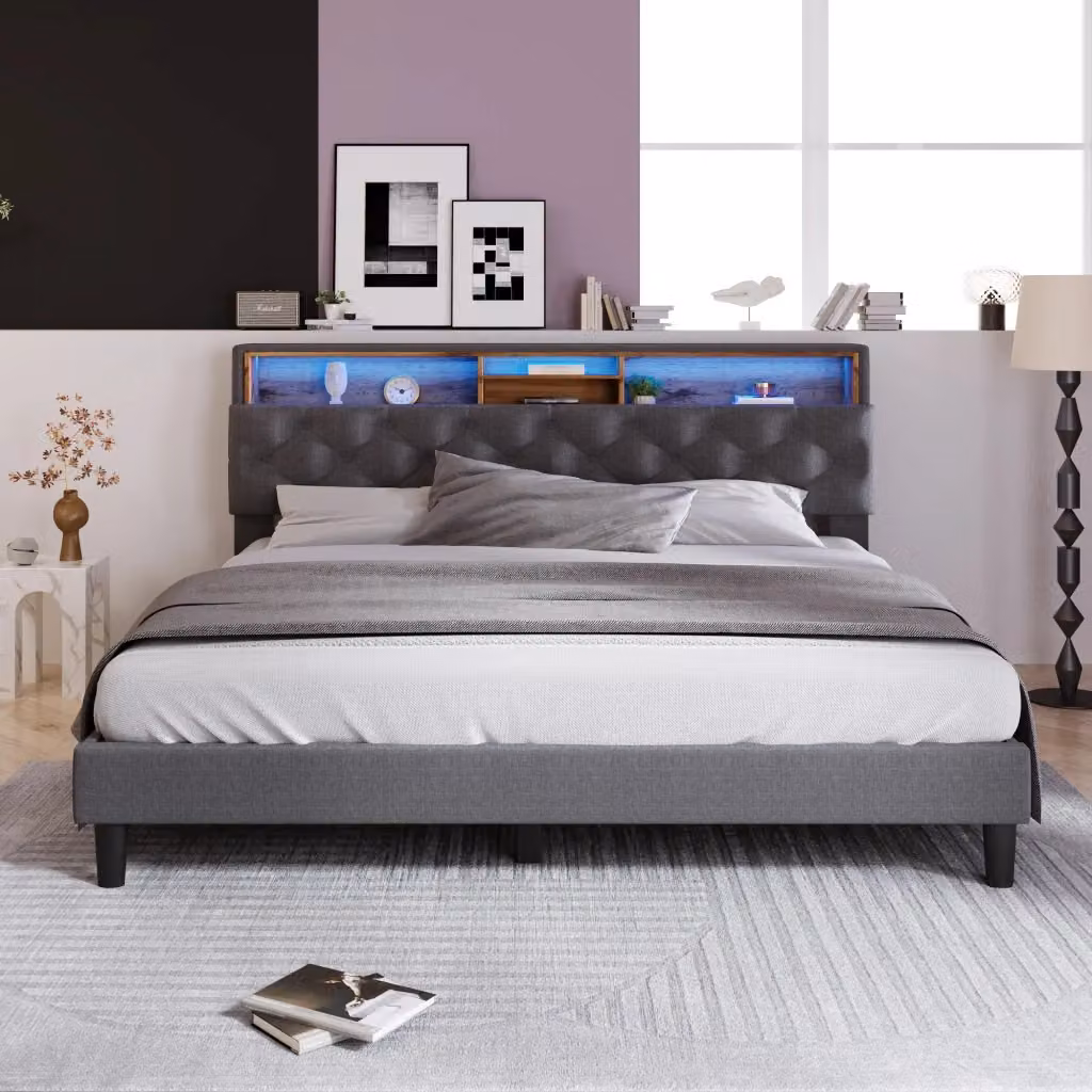 Letto Matrimoniale Chicfurn Grigio con Testiera Contenitore, Illuminazione LED e Scomparti Laterali, L/P/H: 140 x 200 x 107 cm – 2