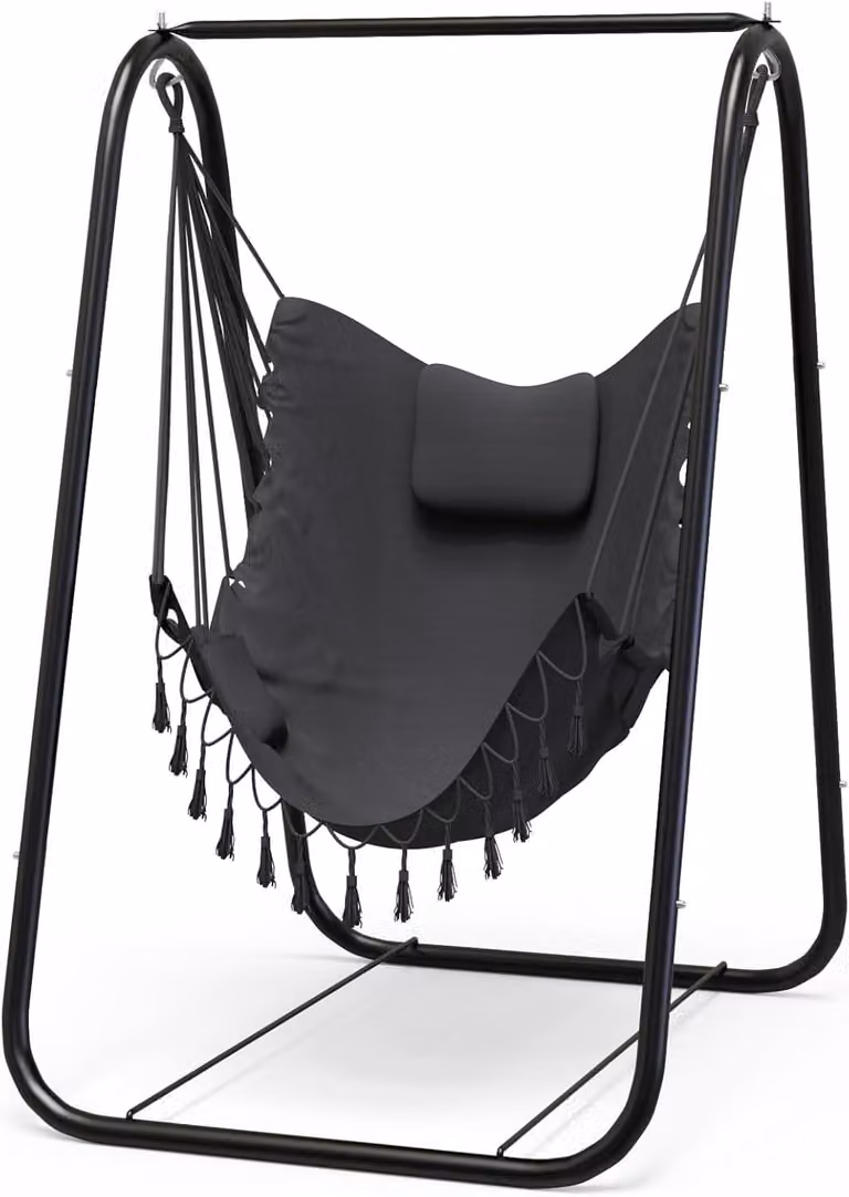 Sedia a dondolo sospesa, con struttura in acciaio inossidabile, ergonomica, dotata di cuscino per il collo e vano contenitore, ideale per giardino e balcone