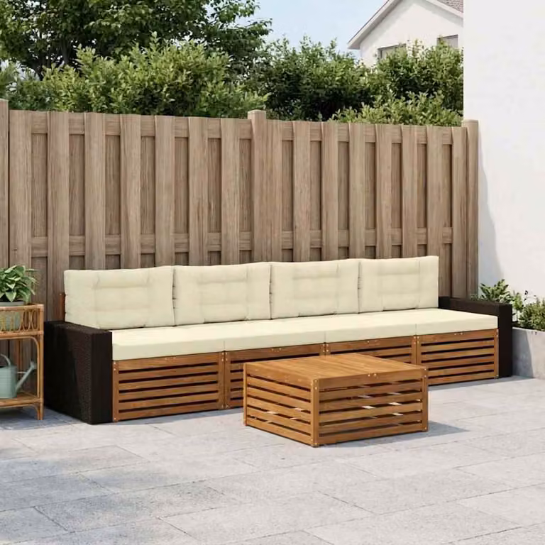 Set di divani da esterno vidaXL in legno di acacia con tavolo da caffè e cuscini, colore beige e bianco