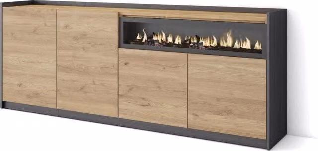 Credenza, Mobile, Cucina, 207x80x37 cm, 4 Porte, Camino elettrico, Rovere e nero