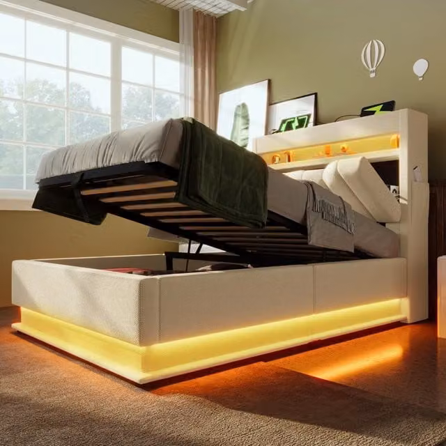 Letto REDOM in tessuto beige con illuminazione LED, porta USB e ripiani laterali, dimensioni 90 x 200 cm, con materasso incluso