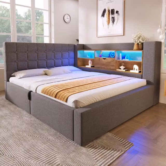Letto matrimoniale 140×200 cm con contenitore idraulico, LED e porte di ricarica, senza materasso, in lino grigio