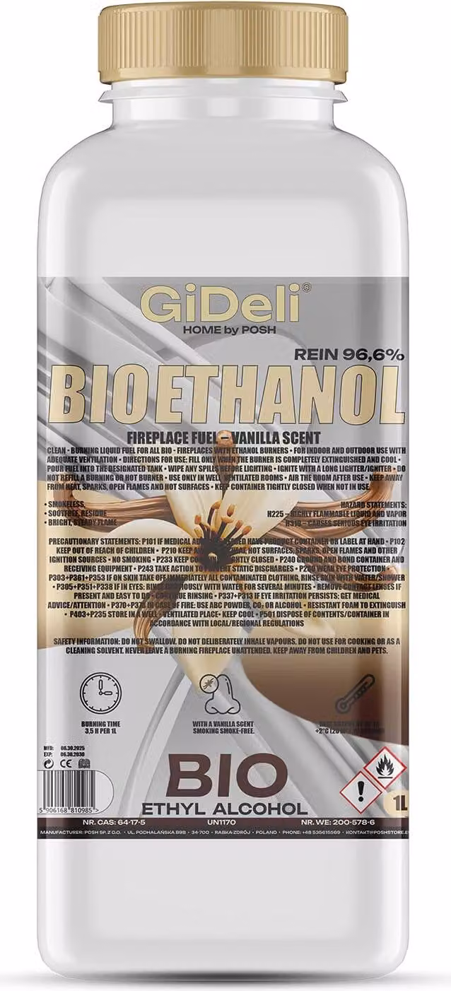 Bioetanolo profumato alla vaniglia 96,6% 1L per caminetti Universale Senza fumo Senza fuliggine GiDeli