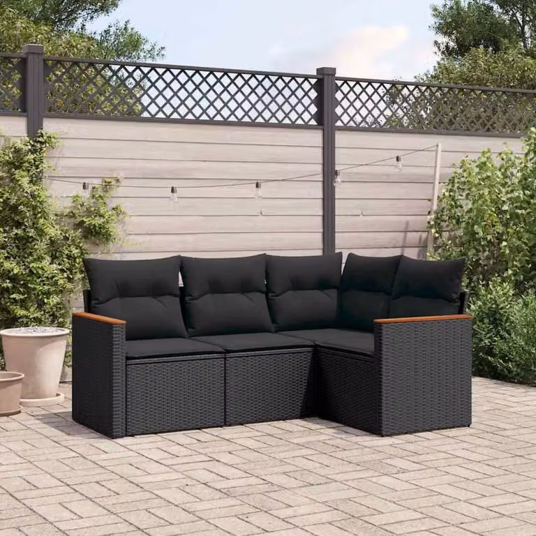 Set di divani da giardino vidaXL a forma di L composto da 4 pezzi con cuscini in polyrattan nero e struttura in legno di acacia