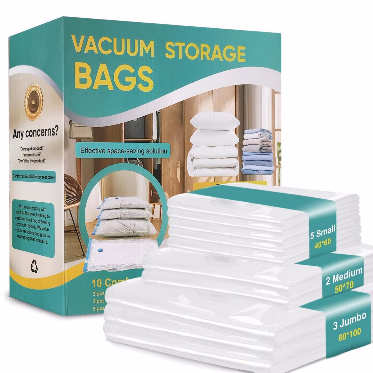 10 sacchetti sottovuoto per abbigliamento e piumoni, taglie S/M/XL, dimensioni: 5x40x60 cm, 2x50x70 cm, 3x80x100 cm, riutilizzabili, salvaspazio
