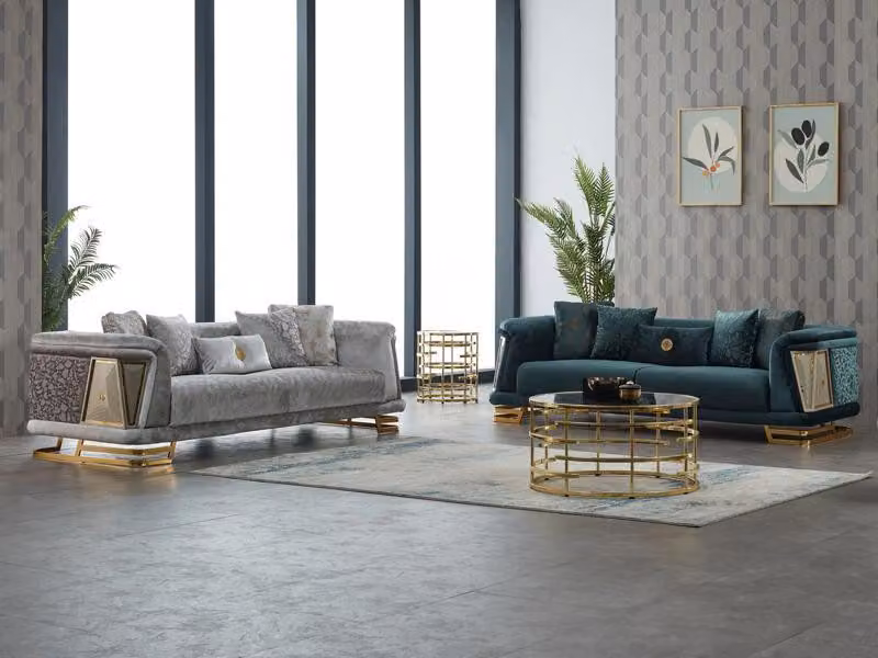 Komplette Couchgarnitur Polstersofa Dreisitzer Stoffsofa Grau Grün