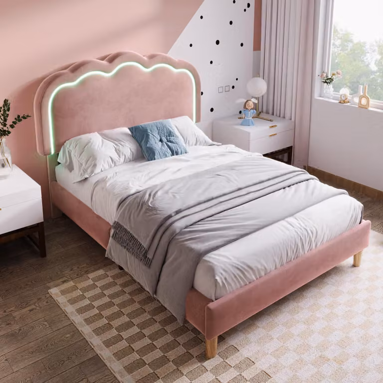 Letto imbottito 90x200 cm con testiera LED, regolabile in altezza, con cambio colore e modalità musicale, rivestito in velluto, completo di rete a doghe, letto per ragazzi color rosa