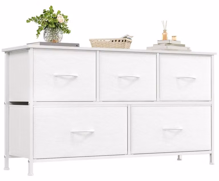Comodino in tessuto con 5 cassetti, colore bianco, dimensioni 100x55x30 cm