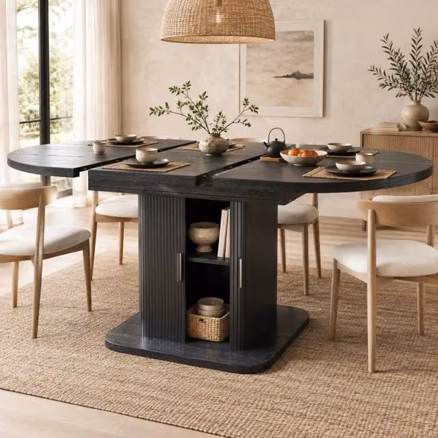 Tavolo da pranzo ovale allungabile con mobile contenitore; ante scorrevoli; MDF e metallo nero
