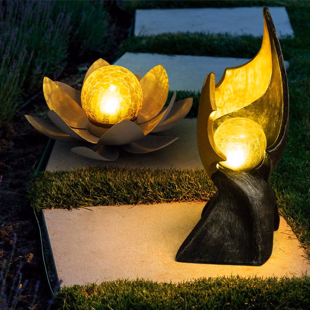 set di 2 luci solari a LED, aspetto crepitante, fiore di loto, fiamma