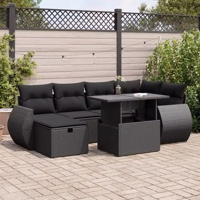 Set Divani da Giardino con Cuscini 7pz Nero Polyrattan 3327895