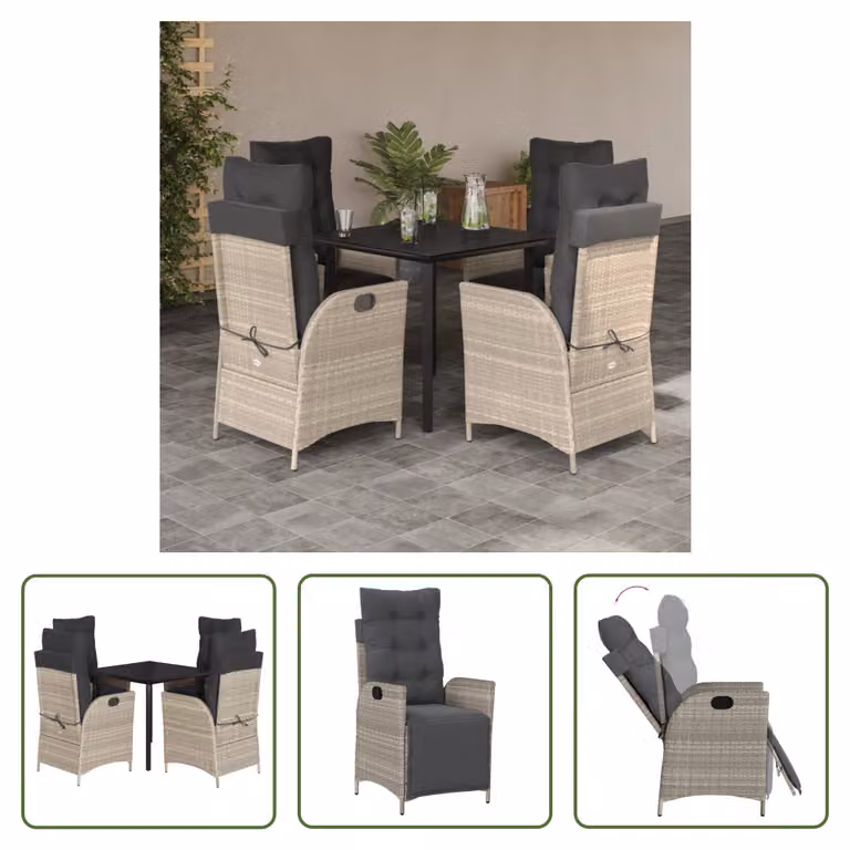 The Living Store Set da pranzo da giardino 5 pezzi con cuscini in rattan grigio chiaro