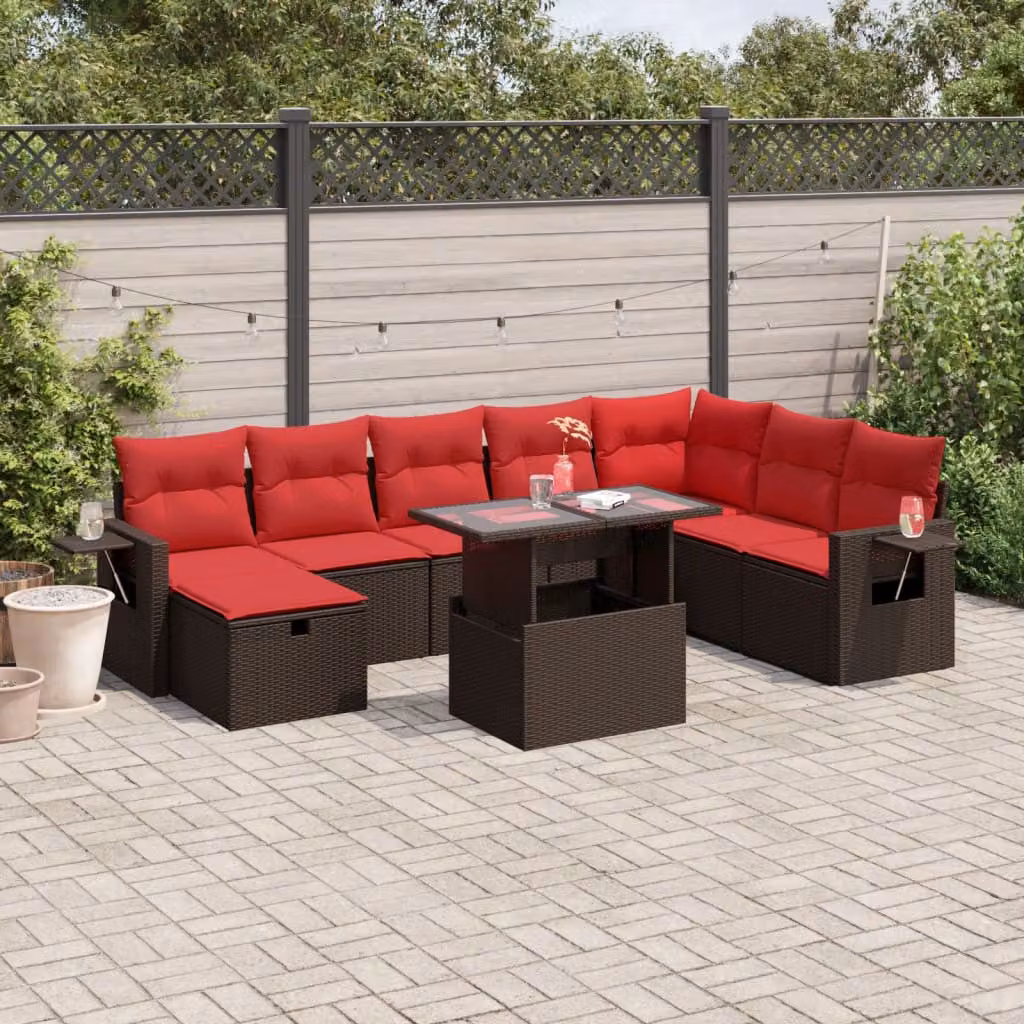 Set Divani da Giardino vidaXL 9 pz in Polyrattan Marrone con Cuscini e Tavolino da Esterno