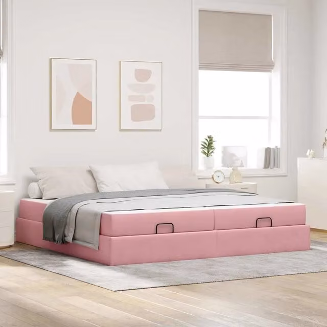 Letto matrimoniale moderno vidaXL in velluto rosa con materasso in schiuma e cassetti L/P/H: 200 x 200 x 43,5 cm