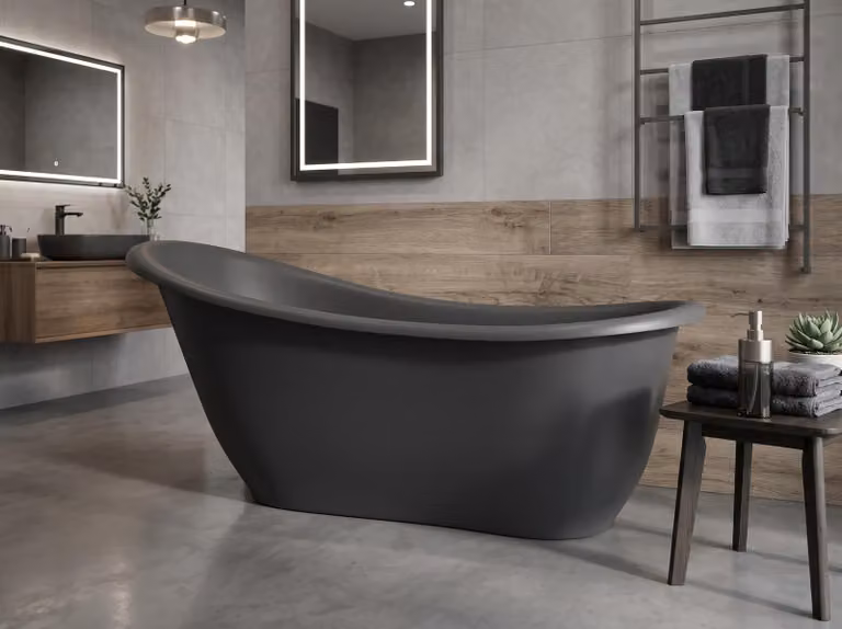 Vasca da bagno freestanding da 180 cm, grigio antracite, in composito, sifone in omaggio