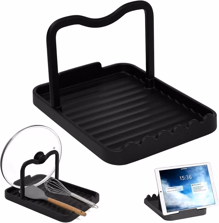 Supporto per coperchi con portaposate, in alluminio, nero, per la cucina