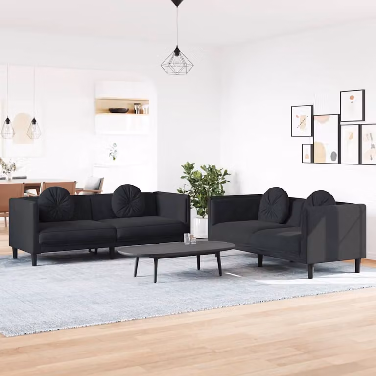 Set di 2 divani vidaXL in velluto nero con cuscini e struttura in legno massiccio per soggiorno