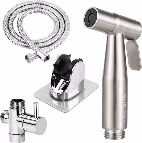 Kit spruzzatore bidet portatile per WC - Tubo flessibile e supporto in acciaio inossidabile - Valvola da 1/2 pollice - Pulizia del bagno e del WC per animali domestici - Igiene personale