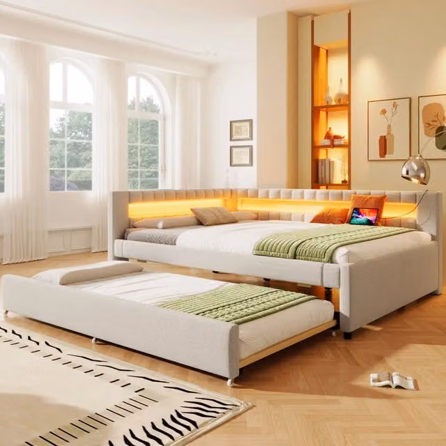 Daybed in lino beige 140x200 con LED telecomandato e letto estraibile USB/Type-C