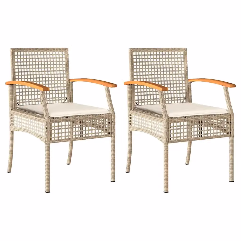 Set di 2 sedie da giardino vidaXL in polyrattan e legno di acacia con cuscini beige e bruni con braccioli – 2