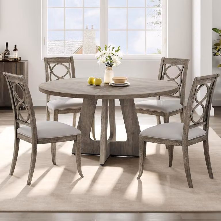 Tavolo rotondo da pranzo, diametro 120 cm, grigio, con piano in legno, stile rustico, adatto per 4-6 persone