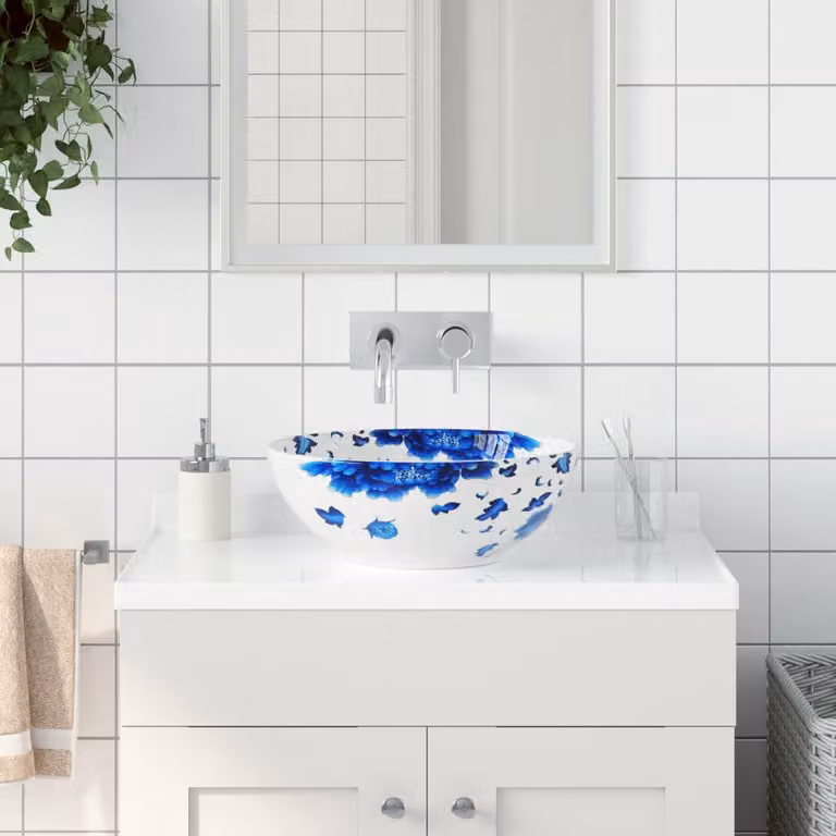 Lavabo da appoggio rotondo vidaXL in ceramica bianco e blu, Diametro: 41 cm, Altezza: 14 cm