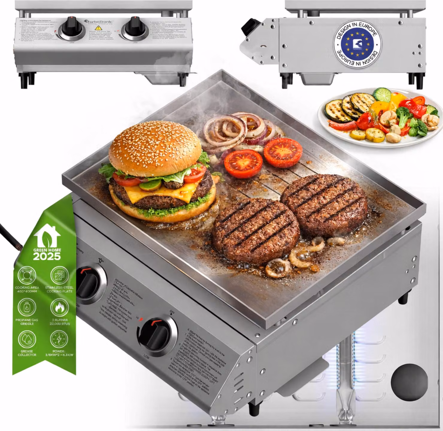 TurboTronic Barbecue a gas - BBQ6 - griglia a gas da tavolo con piastra in acciaio inox 46 × 40 cm, 2 bruciatori da 3,15 kW (6,3 kW), piastra plancha, accensione piezoelettrica, sistema raccogli grasso