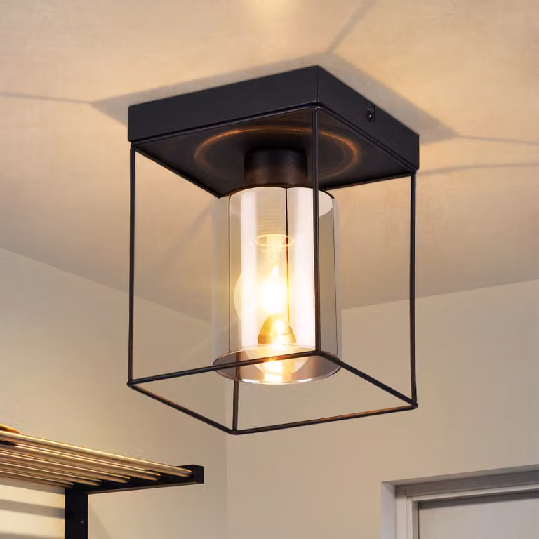 ZMH Lampada da soffitto Vetro per corridoio - 1 fiamma E27 Lampada da corridoio vintage con soffitto in metallo nero Stile industriale Lampada da camera da letto retrò per cucina camera da letto ufficio (senza lampadina)
